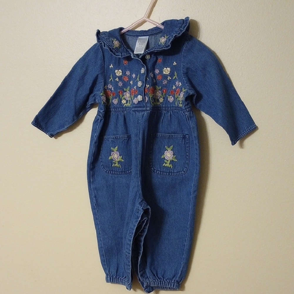 Denim Floral Embroidered Vintage Baby Jumpsuit